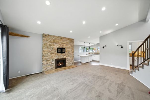 Empty room, Fireplace, Interior, Kitchen, Recessed Lighting, Stone Walls