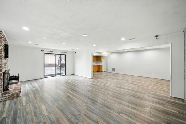 Empty room, Fireplace, Interior, Recessed Lighting, Wood Texture Flooring