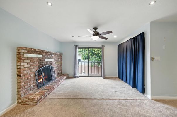 Empty room, Fireplace, Interior, Recessed Lighting, Stone Walls