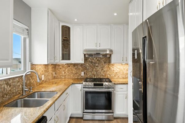 Interior, Kitchen, Recessed Lighting, Stainless Steel Appliances, Wood Texture Flooring