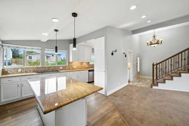 Chandelier, Interior, Kitchen, Pendant Lights, Recessed Lighting, Wood Texture Flooring