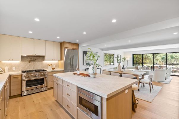 Dining room, Interior, Kitchen, Living room, Recessed Lighting, Stainless Steel Appliances, Wood Texture Flooring