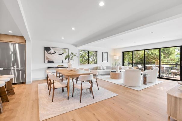 Dining room, Interior, Living room, Recessed Lighting, Stainless Steel Appliances, Wood Texture Flooring