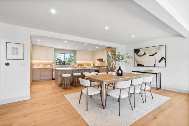 Dining room, Interior, Kitchen, Recessed Lighting, Stainless Steel Appliances, Wood Texture Flooring