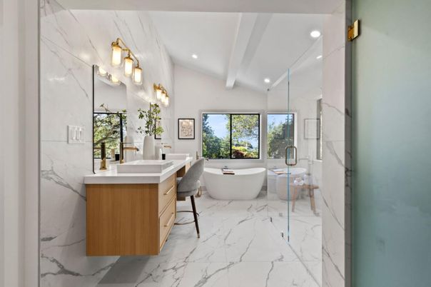 Bathroom, Free Standing Baths, Interior, Marble, Marble Walls, Recessed Lighting