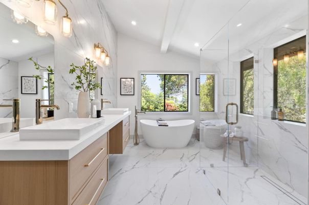 Bathroom, Dual Sink Vanities, Free Standing Baths, Glass Shower, Interior, Marble, Marble Walls, Recessed Lighting