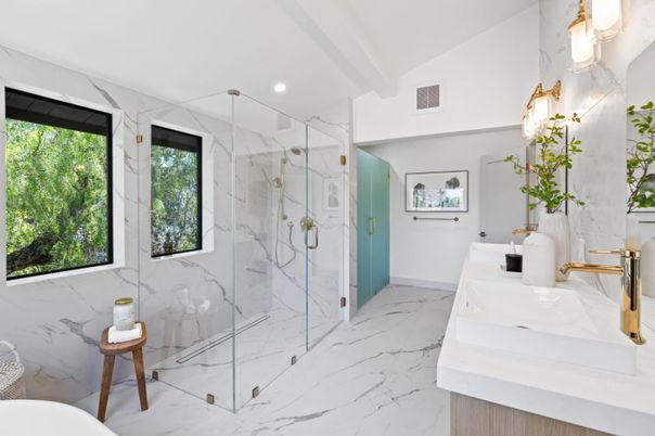 Bathroom, Glass Shower, Interior, Marble, Marble Walls, Recessed Lighting