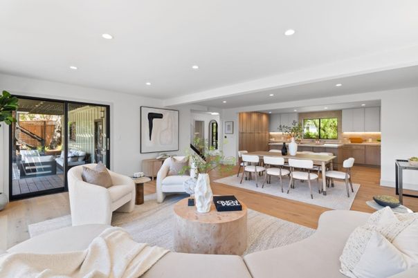 Dining room, Interior, Kitchen, Living room, Recessed Lighting, Wood Texture Flooring