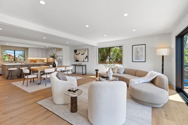 Dining room, Interior, Living room, Recessed Lighting, Wood Texture Flooring