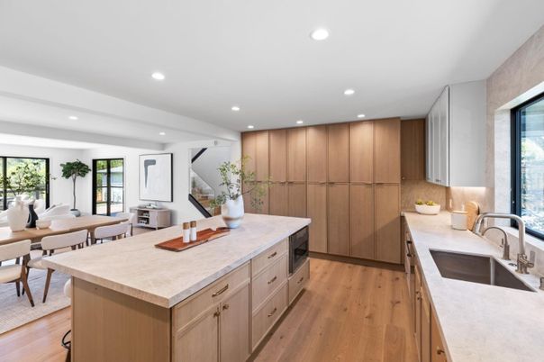 Dining room, Interior, Kitchen, Recessed Lighting, Stainless Steel Appliances, Wood Texture Flooring