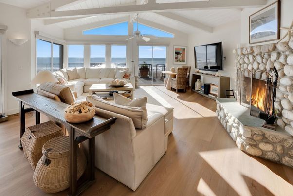 Fireplace, Interior, Living room, Stone Walls, Water, Wood Texture Flooring