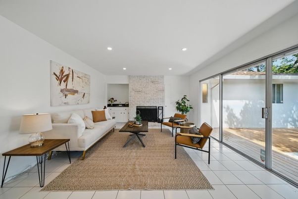 Fireplace, Interior, Living room, Recessed Lighting, Stone Walls