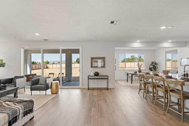 Dining room, Interior, Living room, Recessed Lighting, Wood Texture Flooring