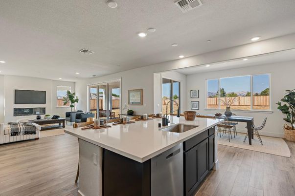 Dining room, Fireplace, Interior, Kitchen, Living room, Recessed Lighting, Wood Texture Flooring