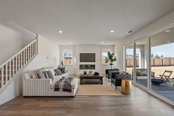 Fireplace, Interior, Living room, Recessed Lighting, Wood Texture Flooring