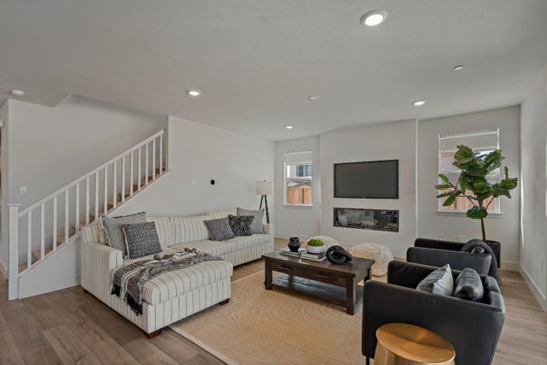 Fireplace, Interior, Living room, Recessed Lighting, Wood Texture Flooring
