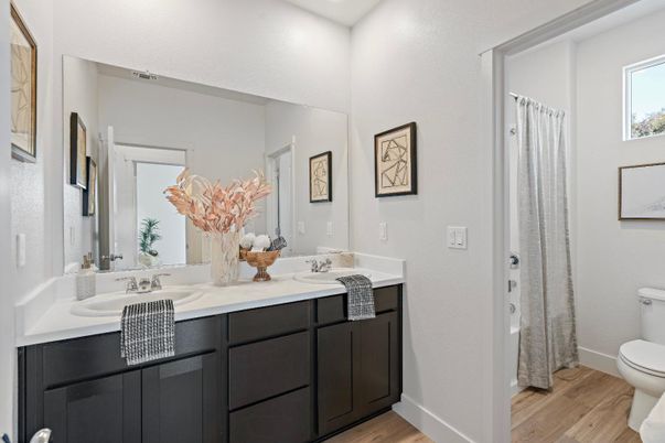 Bathroom, Dual Sink Vanities, Interior, Recessed Lighting, Wood Texture Flooring