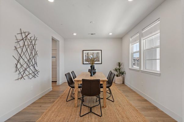 Dining room, Interior, Recessed Lighting, Wood Texture Flooring