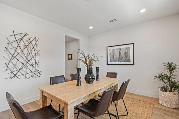 Dining room, Interior, Recessed Lighting, Wood Texture Flooring
