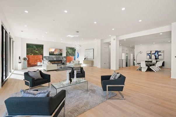 Dining room, Fireplace, Interior, Living room, Pendant Lights, Recessed Lighting, Wood Texture Flooring