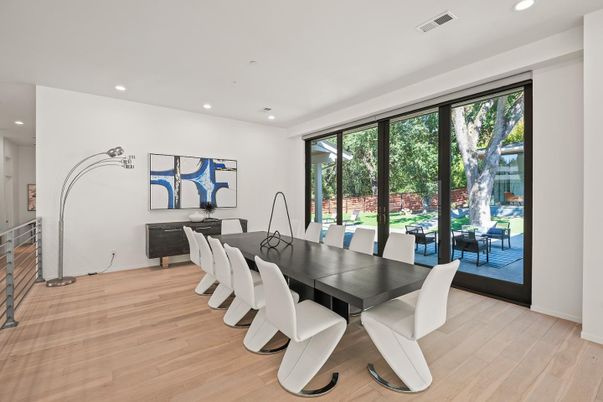 Dining room, Interior, Recessed Lighting, Wood Texture Flooring