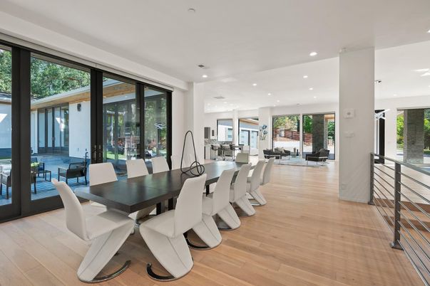 Dining room, Interior, Recessed Lighting, Wood Texture Flooring