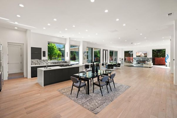 Dining room, Fireplace, Interior, Kitchen, Living room, Pendant Lights, Recessed Lighting, Wood Texture Flooring