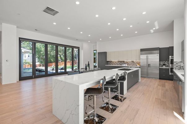 Interior, Kitchen, Recessed Lighting, Stainless Steel Appliances, Wood Texture Flooring