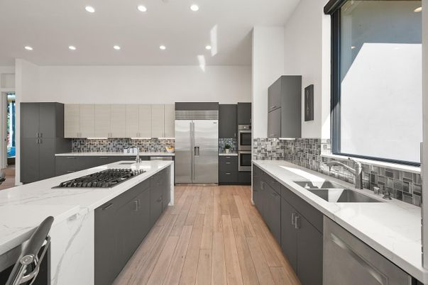 Interior, Kitchen, Recessed Lighting, Stainless Steel Appliances, Wood Texture Flooring