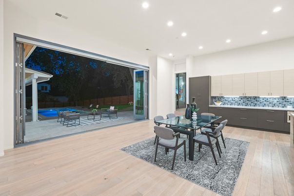 Dining room, Interior, Recessed Lighting, Wood Texture Flooring