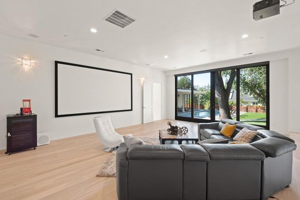 Interior, Projection Screen, Recessed Lighting, Theatre Room, Wood Texture Flooring