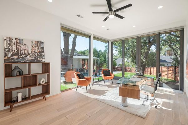 Home Office, Interior, Recessed Lighting, Sun Room, Wood Texture Flooring