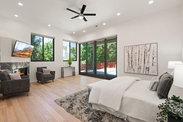 Bedroom, Fireplace, Interior, Recessed Lighting, Wood Texture Flooring