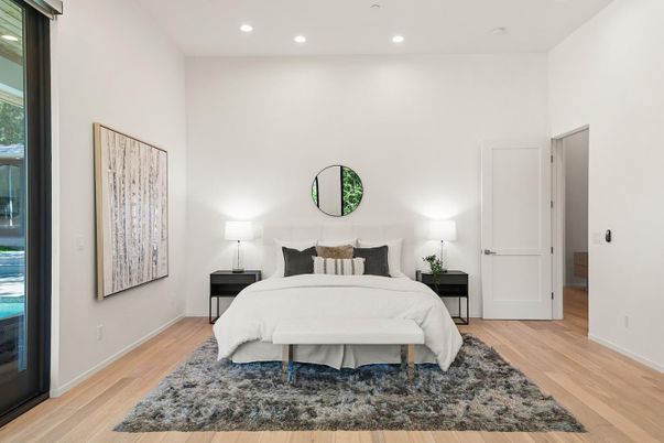 Bedroom, Interior, Recessed Lighting, Wood Texture Flooring