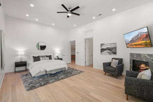 Bedroom, Fireplace, Interior, Recessed Lighting, Wood Texture Flooring
