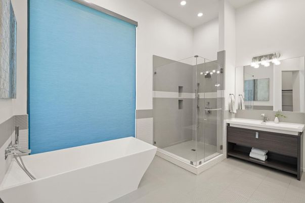 Bathroom, Free Standing Baths, Glass Shower, Interior, Recessed Lighting