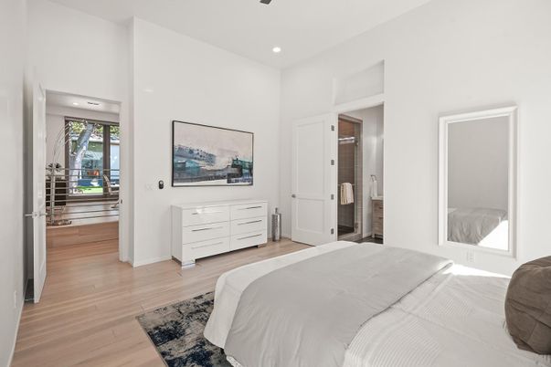 Bedroom, Interior, Recessed Lighting, Wood Texture Flooring