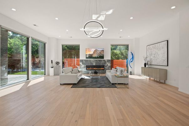 Fireplace, Interior, Living room, Pendant Lights, Recessed Lighting, Wood Texture Flooring