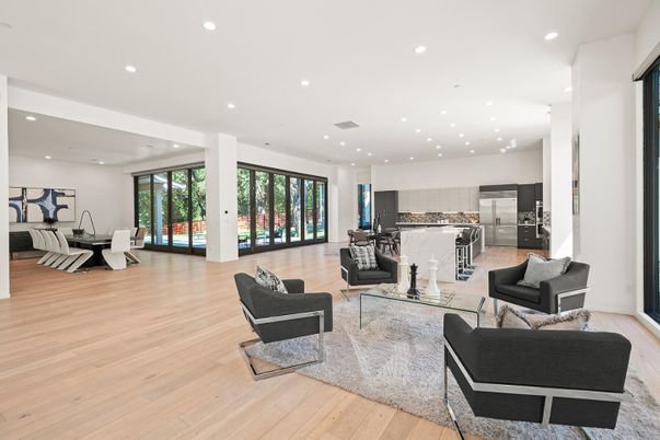 Dining room, Interior, Kitchen, Living room, Recessed Lighting, Stainless Steel Appliances, Wood Texture Flooring