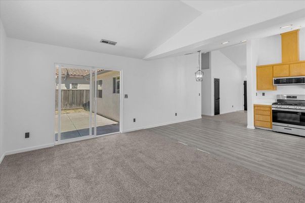 Empty room, Interior, Kitchen, Pendant Lights, Recessed Lighting, Stainless Steel Appliances