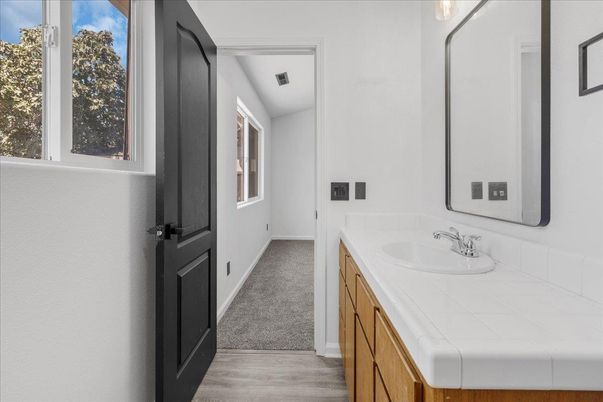 Bathroom, Interior, Tile Countertops, Wood Texture Flooring