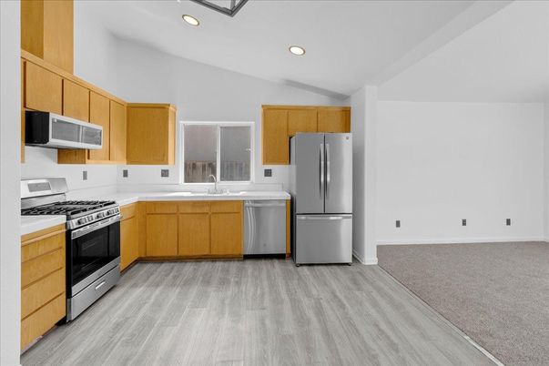 Interior, Kitchen, Recessed Lighting, Stainless Steel Appliances, Wood Texture Flooring