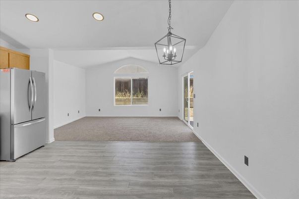 Empty room, Interior, Kitchen, Pendant Lights, Recessed Lighting, Wood Texture Flooring
