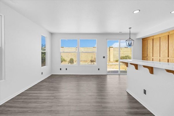 Empty room, Interior, Pendant Lights, Recessed Lighting, Wood Texture Flooring