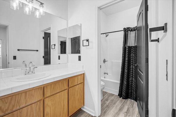 Bathroom, Interior, Tile Countertops, Wood Texture Flooring
