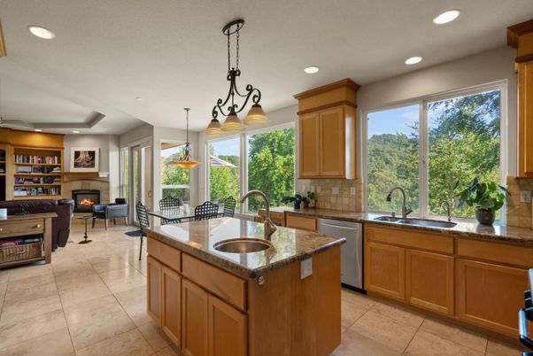 Dining room, Fireplace, Interior, Kitchen, Living room, Pendant Lights, Recessed Lighting, Stainless Steel Appliances