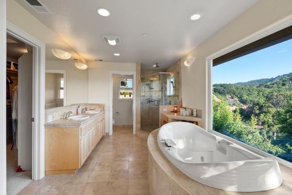 Bathroom, Dual Sink Vanities, Glass Shower, Interior, Recessed Lighting