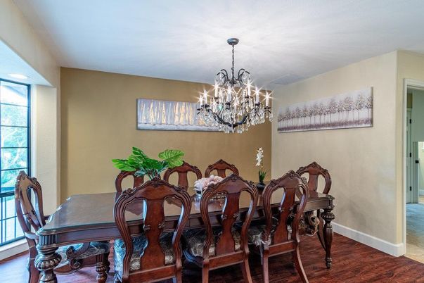 Chandelier, Dining room, Interior, Wood Texture Flooring
