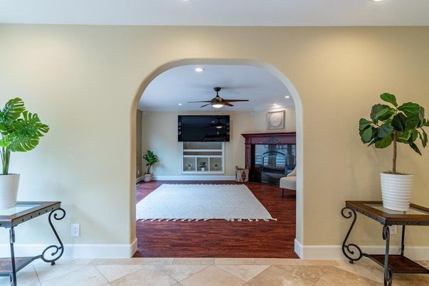 Fireplace, Interior, Recessed Lighting, Wood Texture Flooring