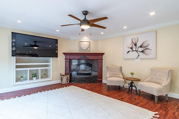 Fireplace, Interior, Recessed Lighting, Wood Texture Flooring